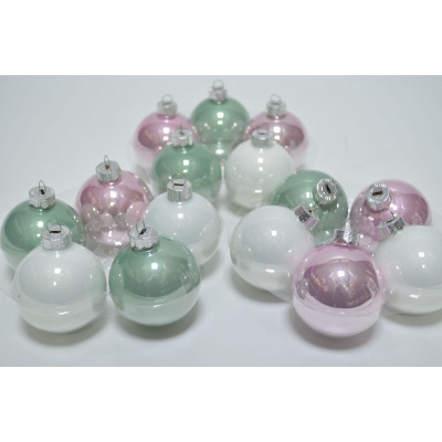 Набор шаров D6см в тубе микс (стекло) зеленый-белый-розовый (15шт) (3513)